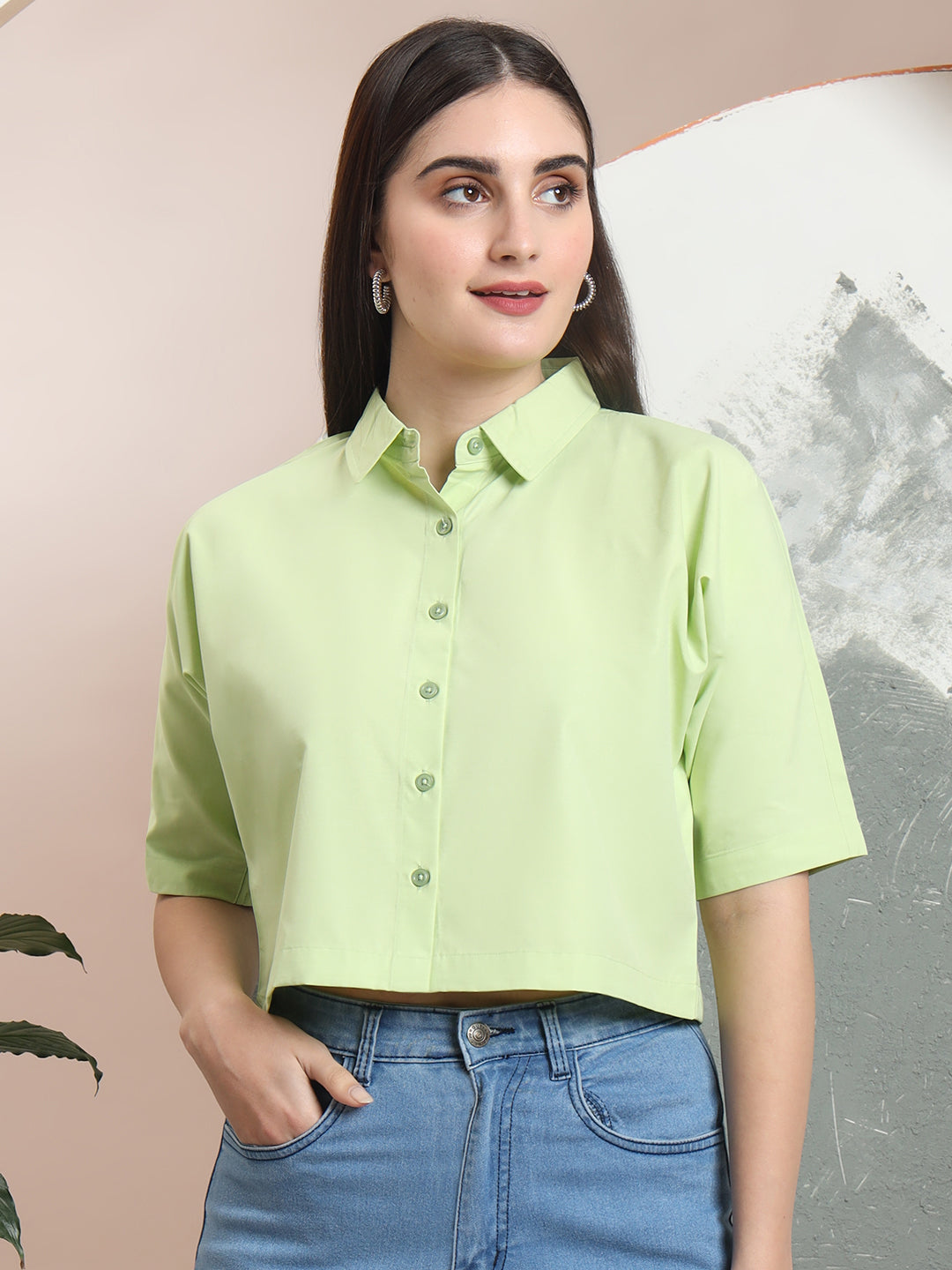 spread collar raglan sleeves regular fit casual crop shirt 3