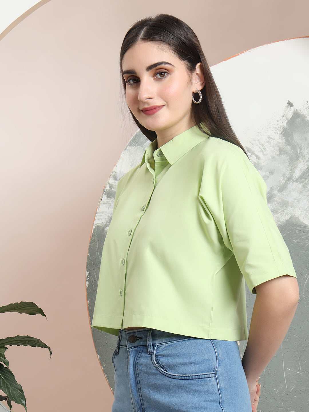 spread collar raglan sleeves regular fit casual crop shirt 3