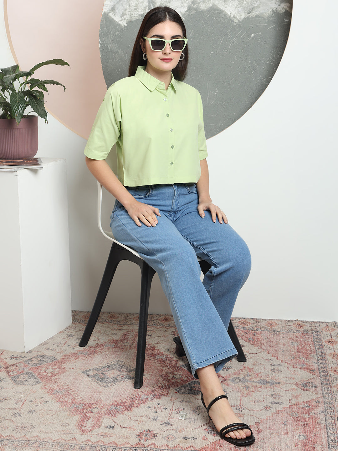 spread collar raglan sleeves regular fit casual crop shirt 3