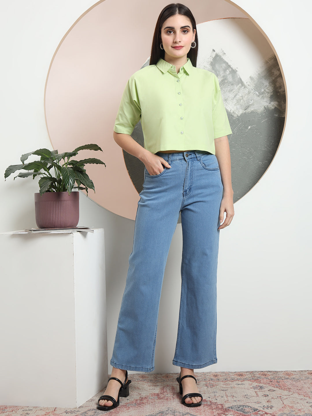 spread collar raglan sleeves regular fit casual crop shirt 3