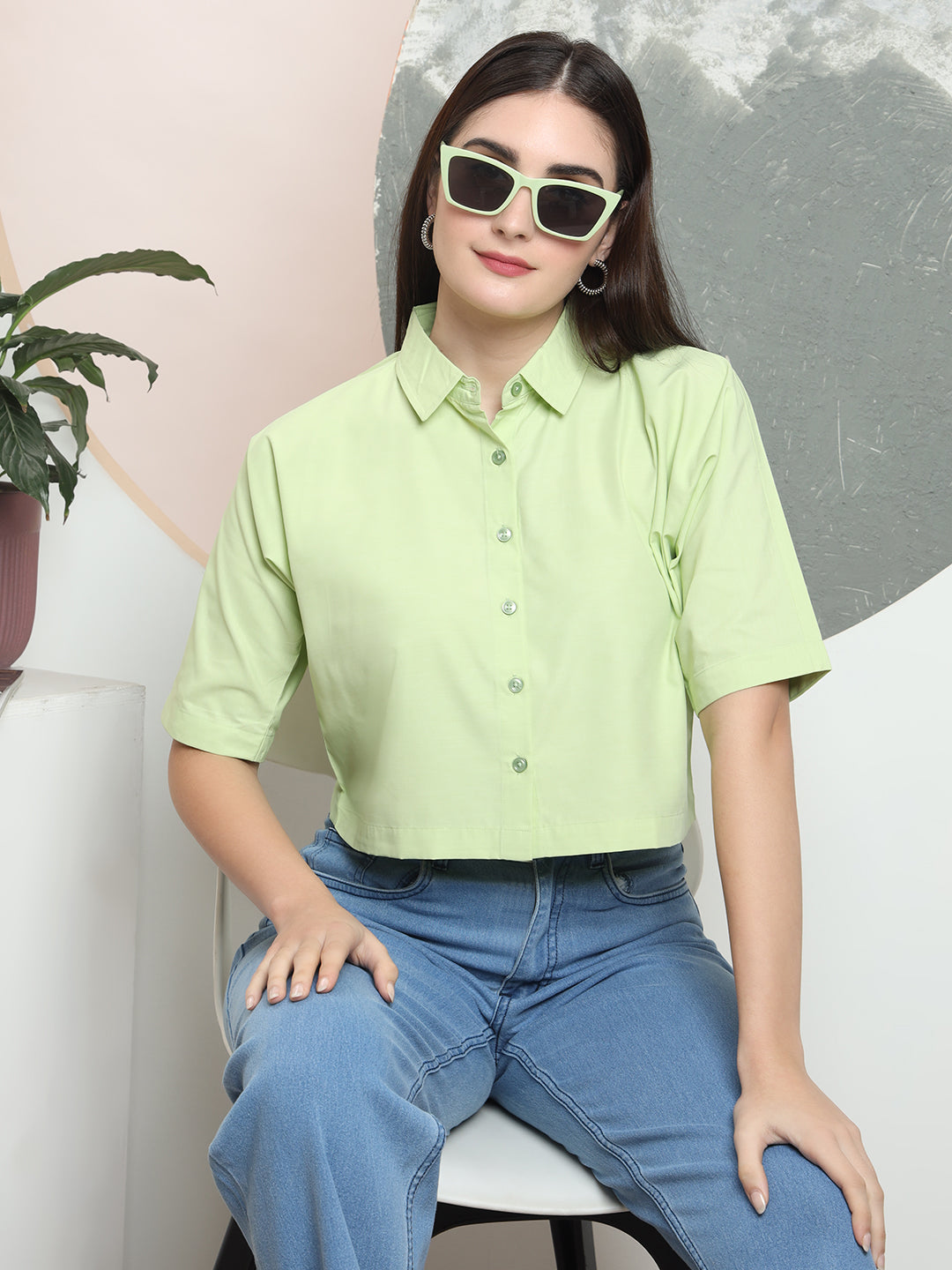 spread collar raglan sleeves regular fit casual crop shirt 3