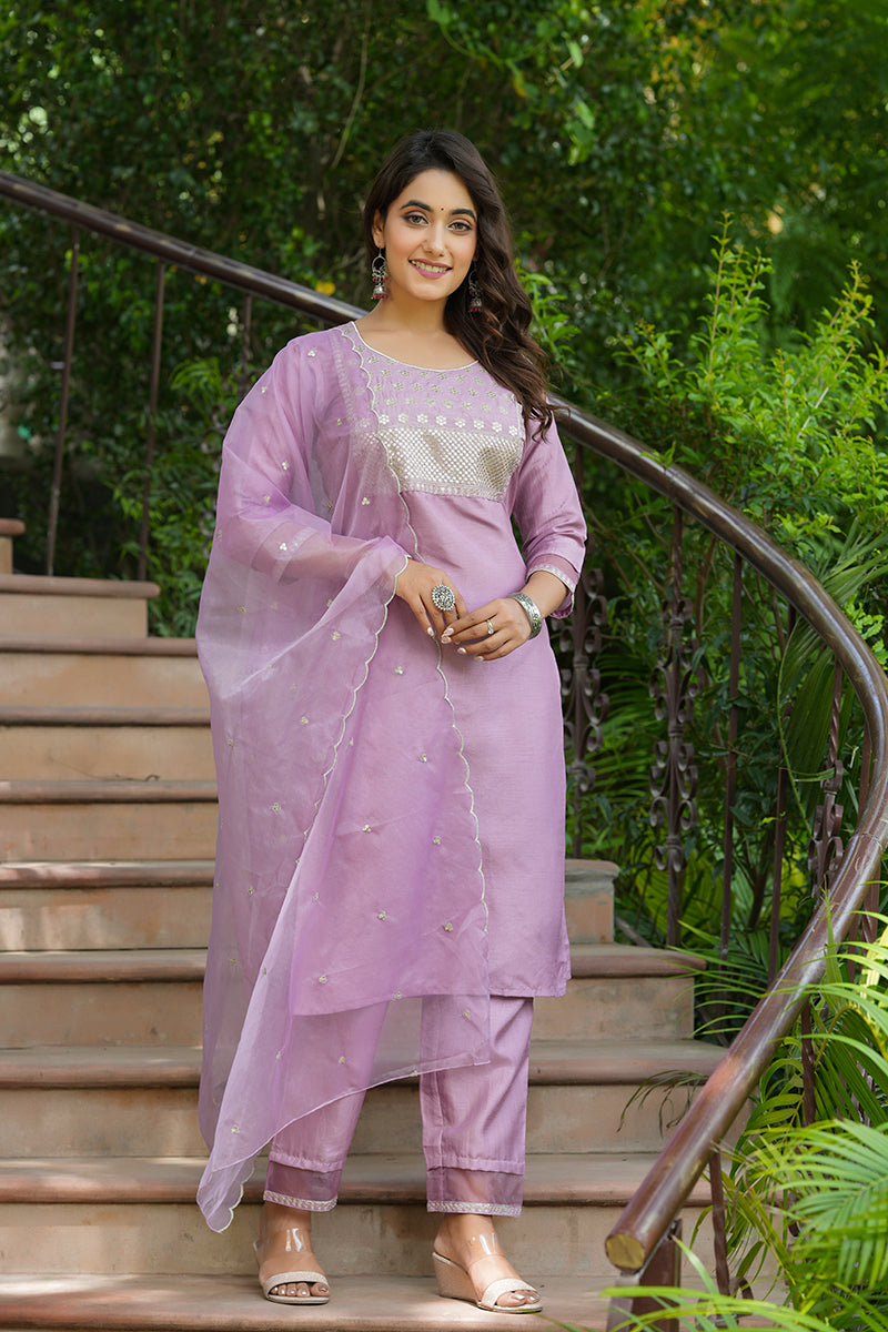 mauve poly silk solid sequin straight suit set 