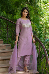 mauve poly silk solid sequin straight suit set 