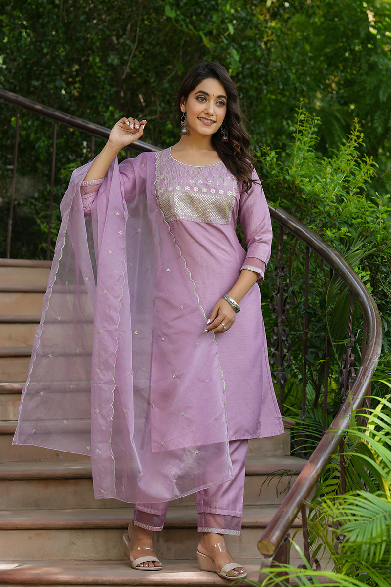 mauve poly silk solid sequin straight suit set 