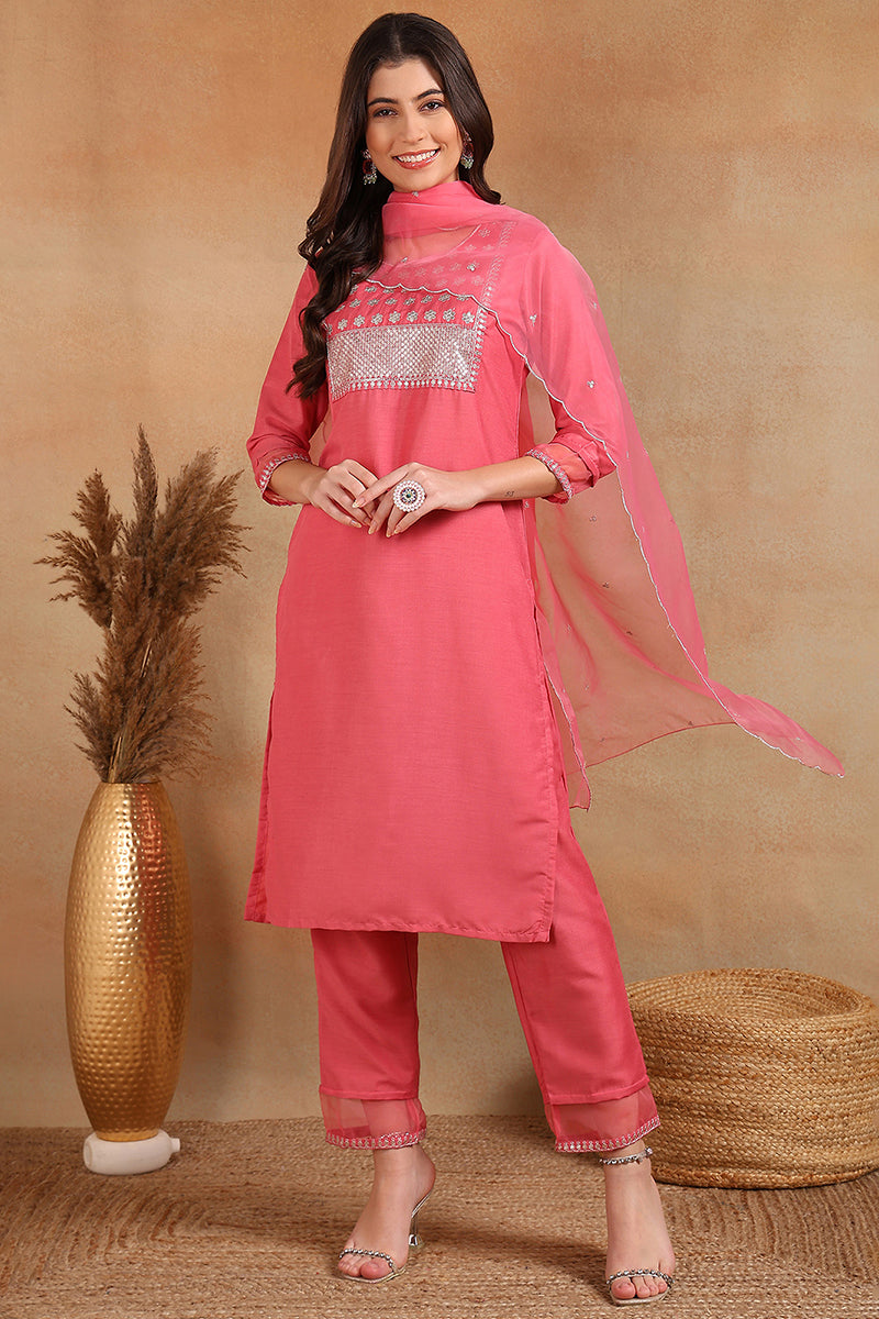 pink poly silk solid sequin straight suit set 