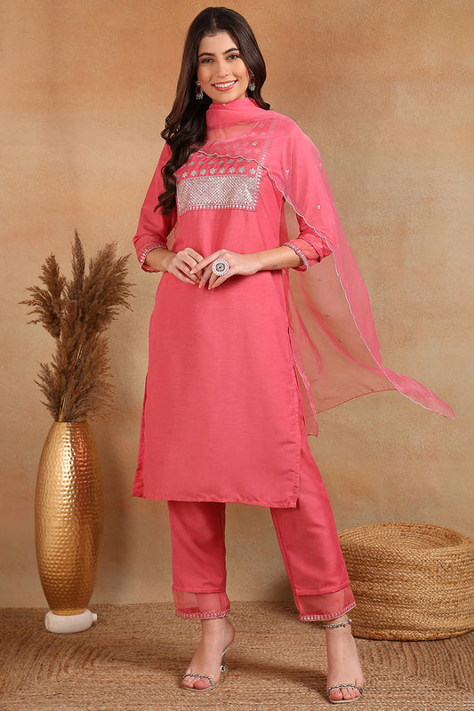 pink poly silk solid sequin straight suit set 