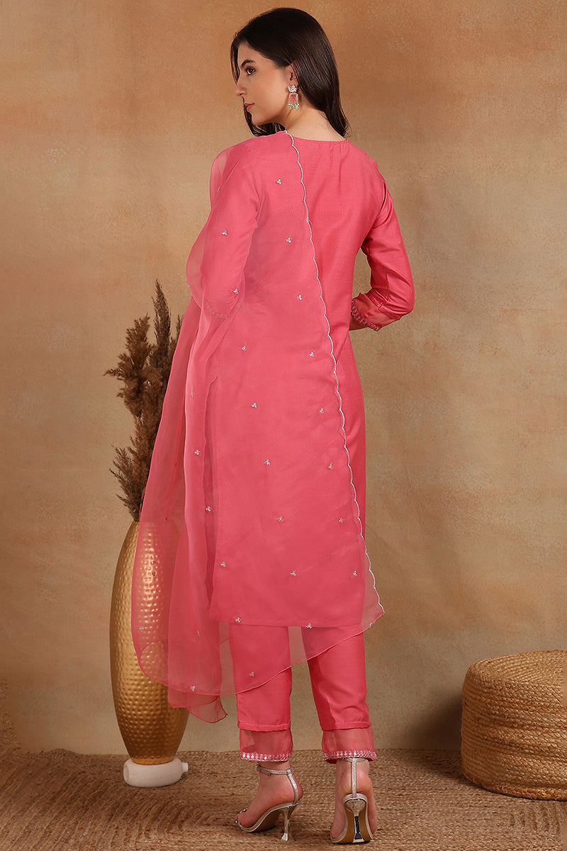 pink poly silk solid sequin straight suit set 
