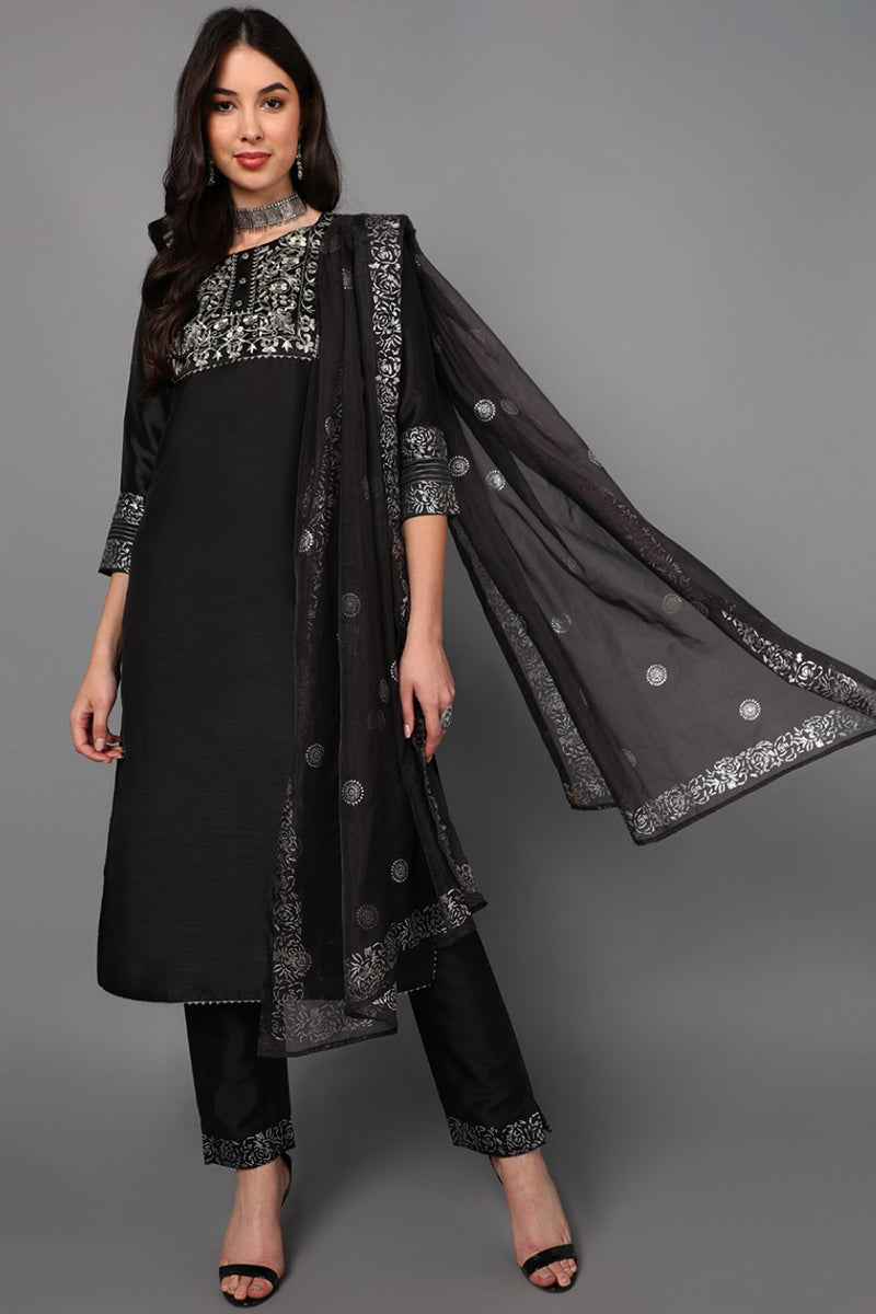black floral yoke design panelled suit set pkskd1434