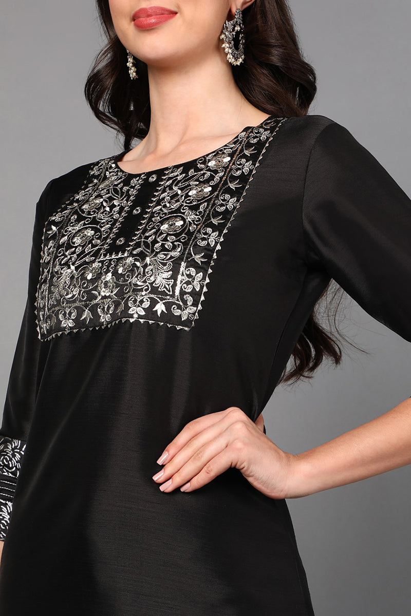 black floral yoke design panelled suit set pkskd1434