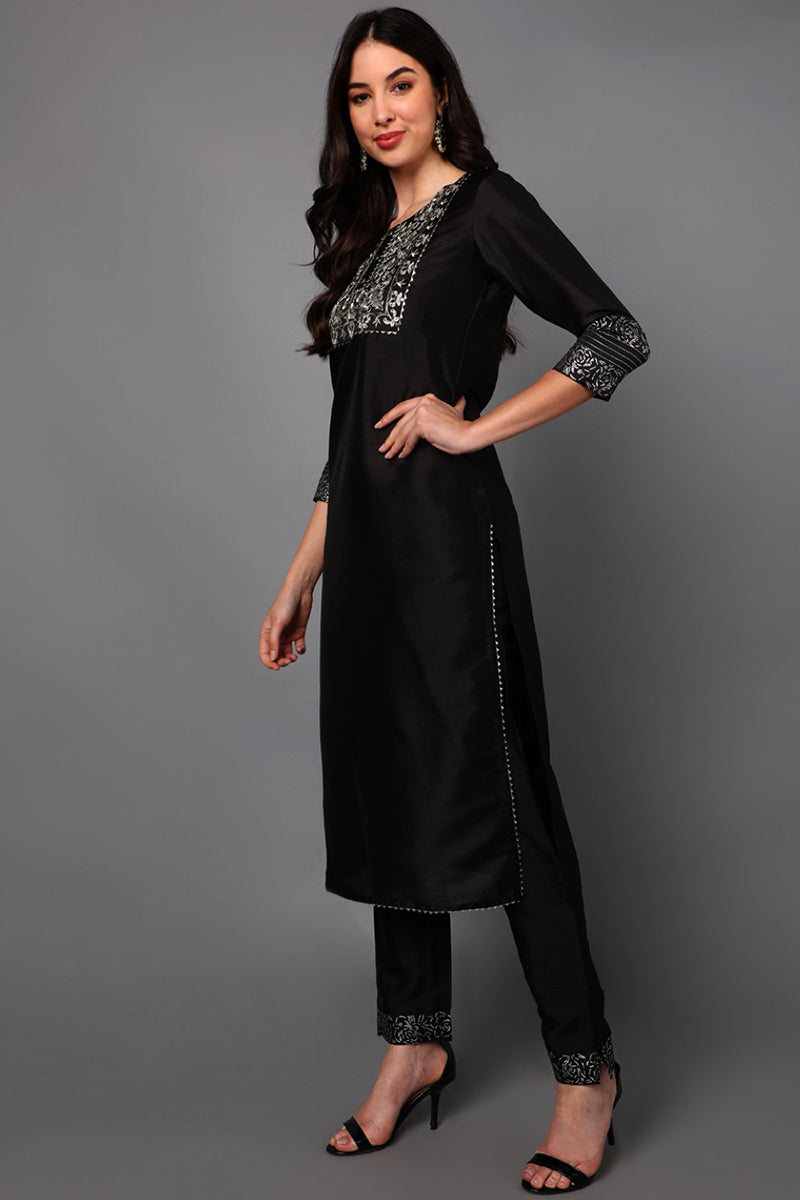 black floral yoke design panelled suit set pkskd1434