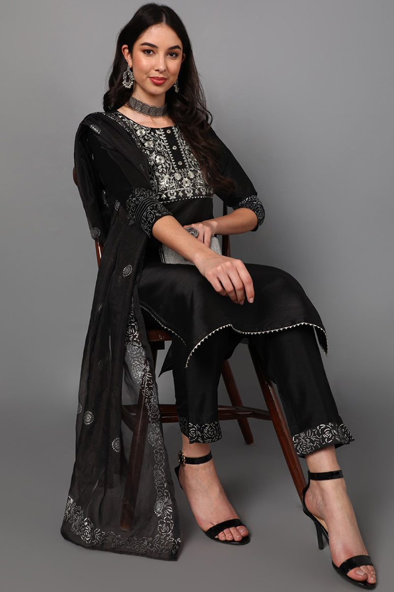 black floral yoke design panelled suit set pkskd1434