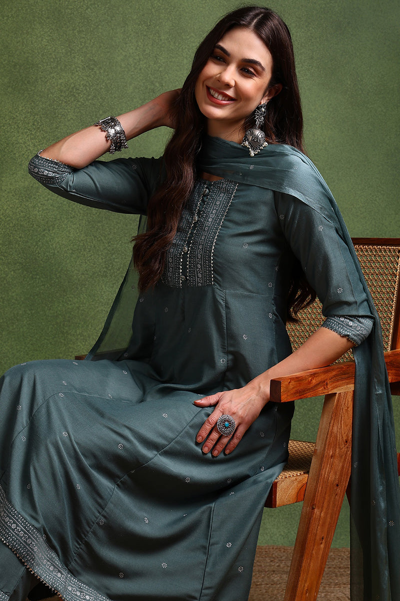 teal poly silk anarkali kurta pant with dupatta