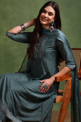 teal poly silk anarkali kurta pant with dupatta