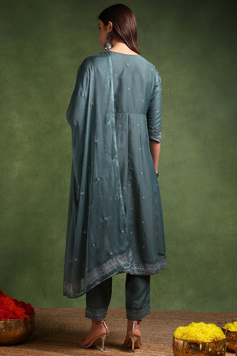 teal poly silk anarkali kurta pant with dupatta