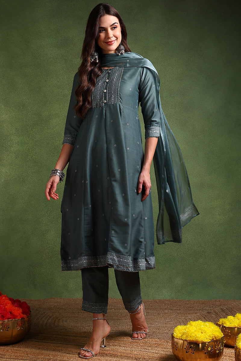 teal poly silk anarkali kurta pant with dupatta