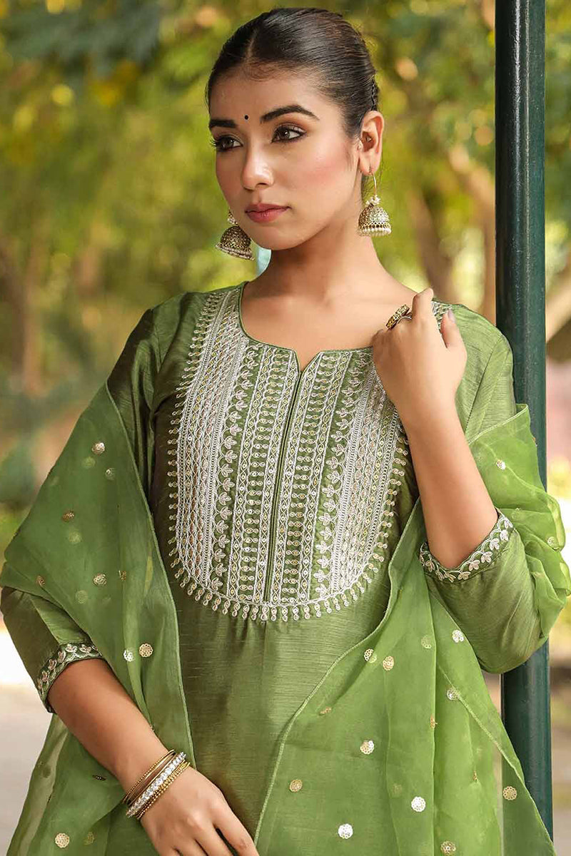 green poly silk solid yoke design suit set pkskd1591