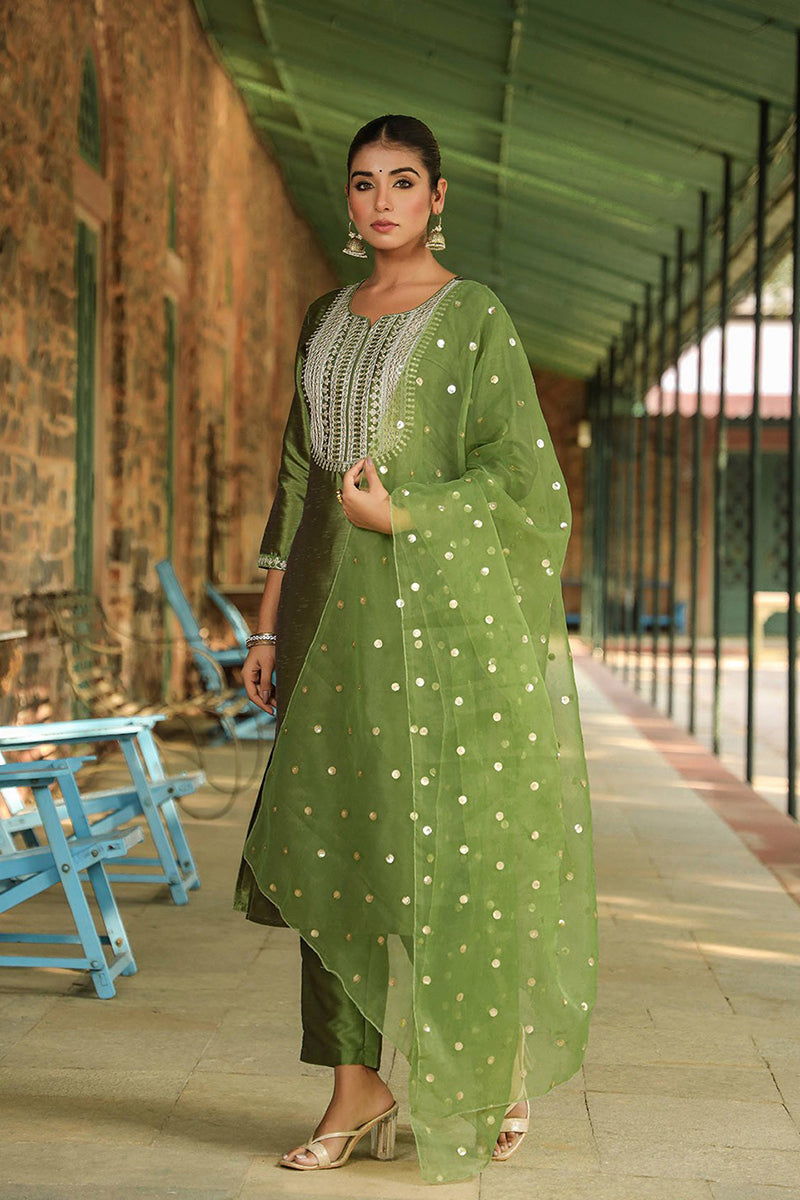 green poly silk solid yoke design suit set pkskd1591