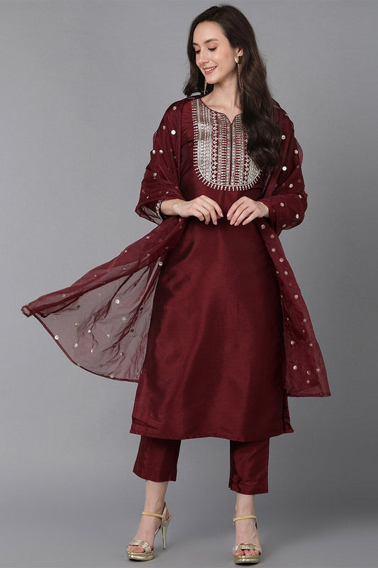 women maroon poly silk solid yoke design kurta trousers with dupatta pkskd1593