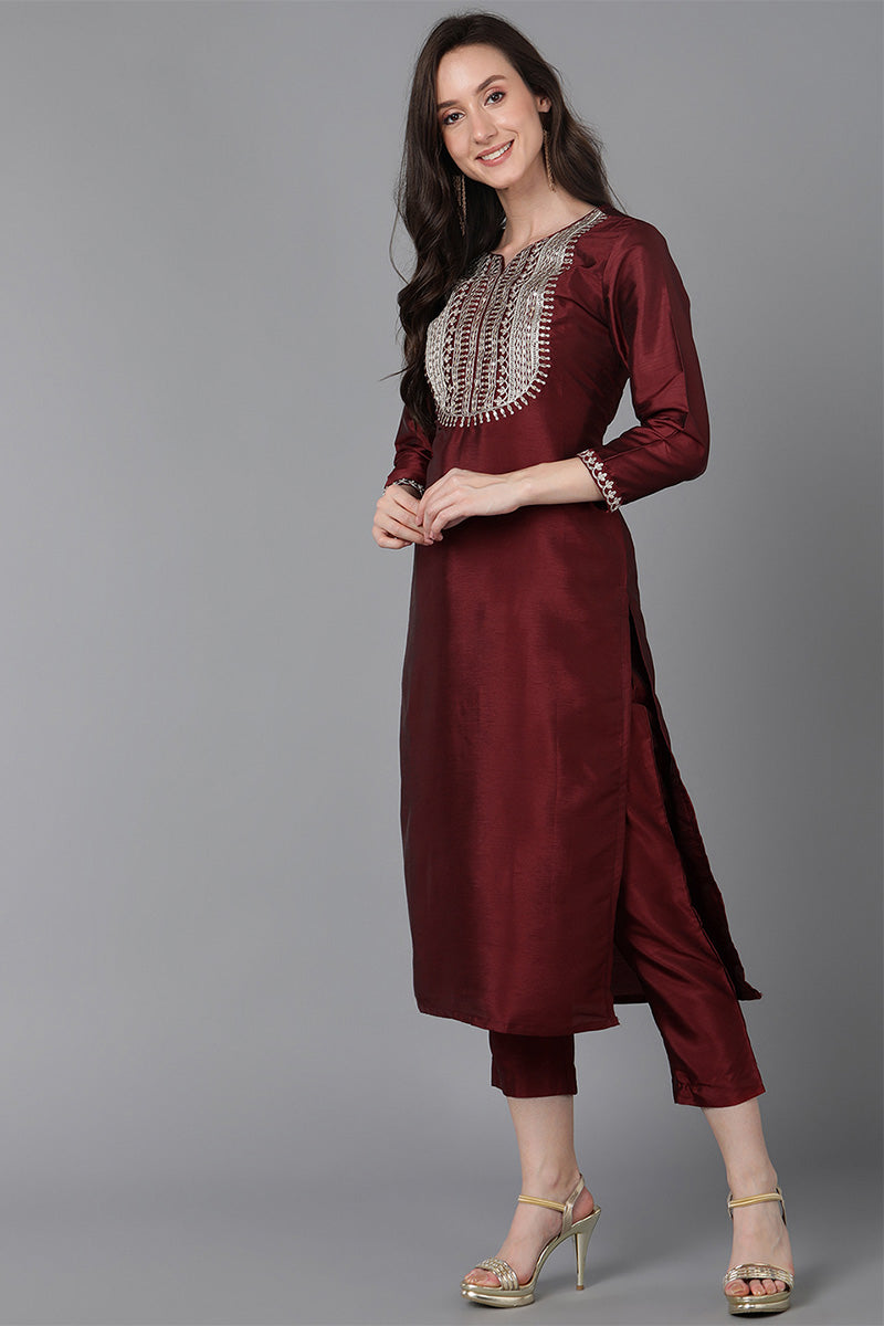 Maroon Poly Silk Solid Yoke Design Kurta Trousers With Dupatta