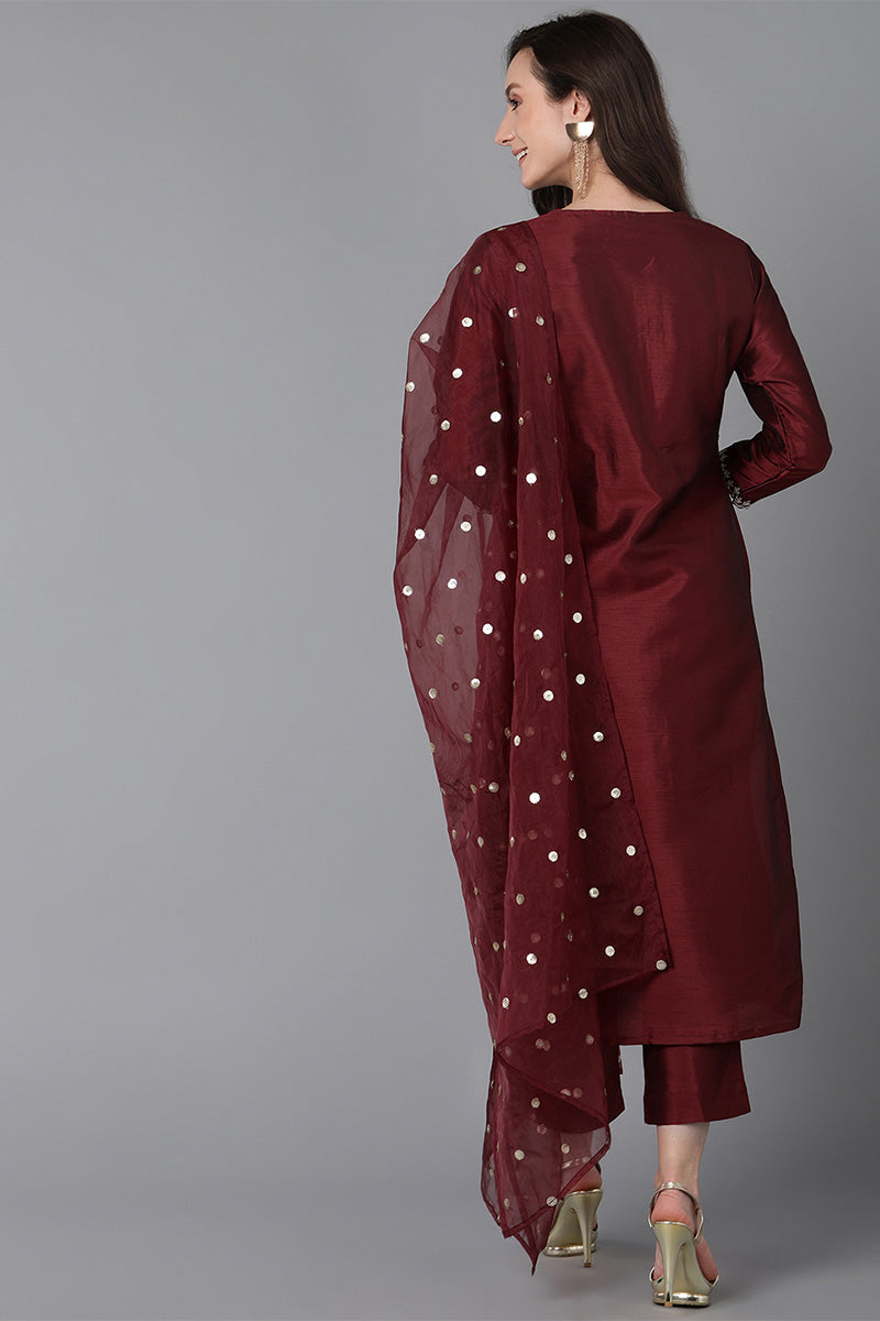 Maroon Poly Silk Solid Yoke Design Kurta Trousers With Dupatta
