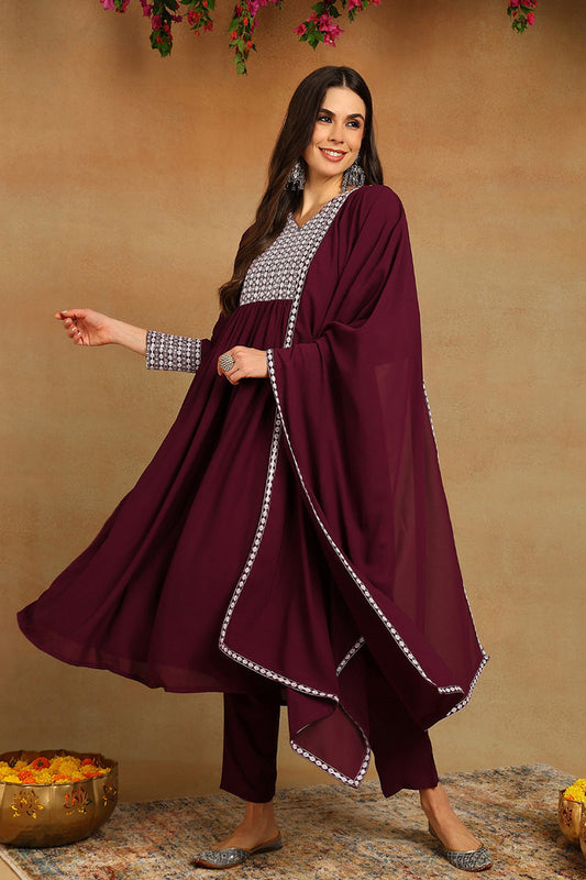 burgundy poly georgette yoke design suit set 
