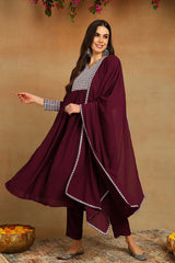 burgundy poly georgette yoke design suit set 