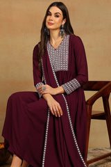burgundy poly georgette yoke design suit set 
