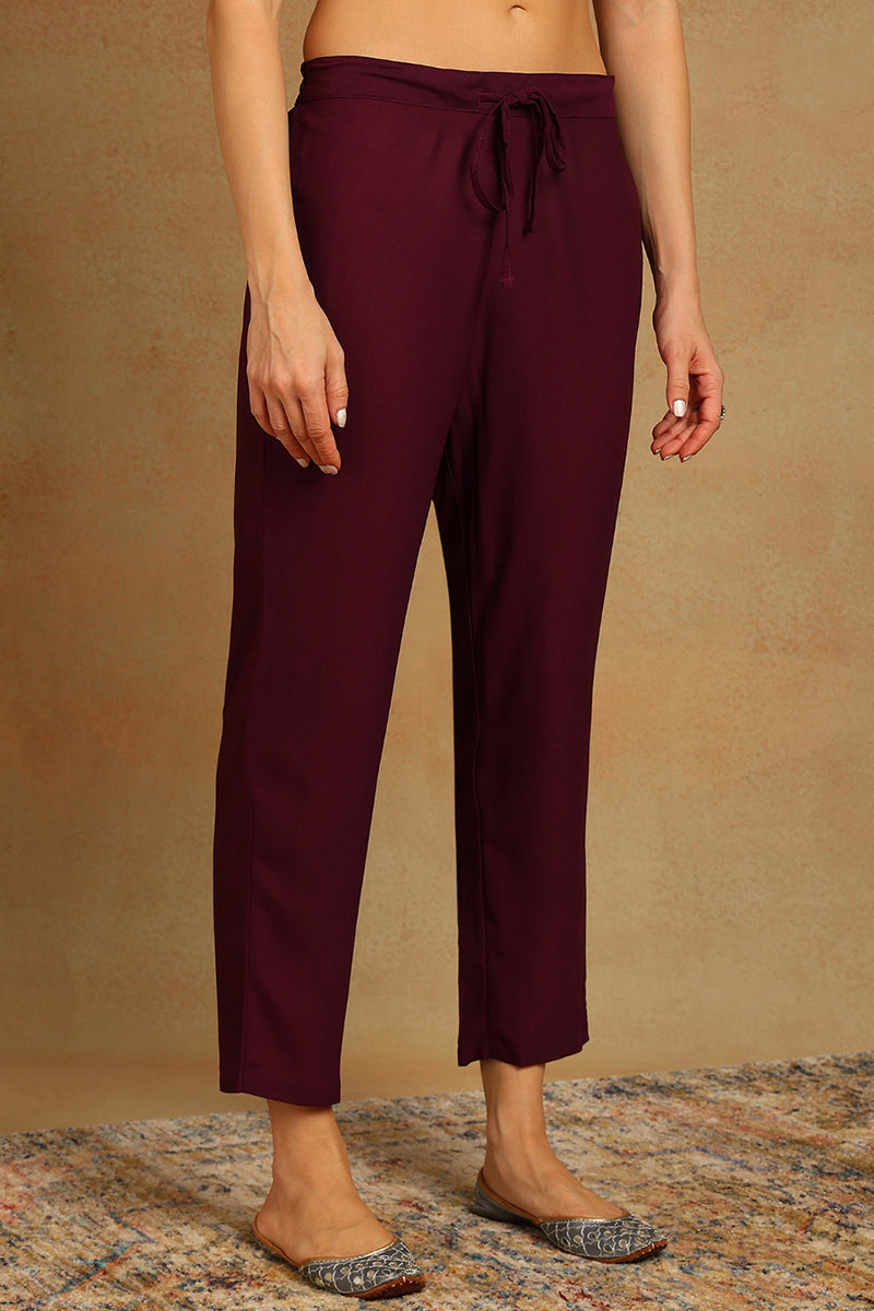 burgundy poly georgette yoke design suit set 