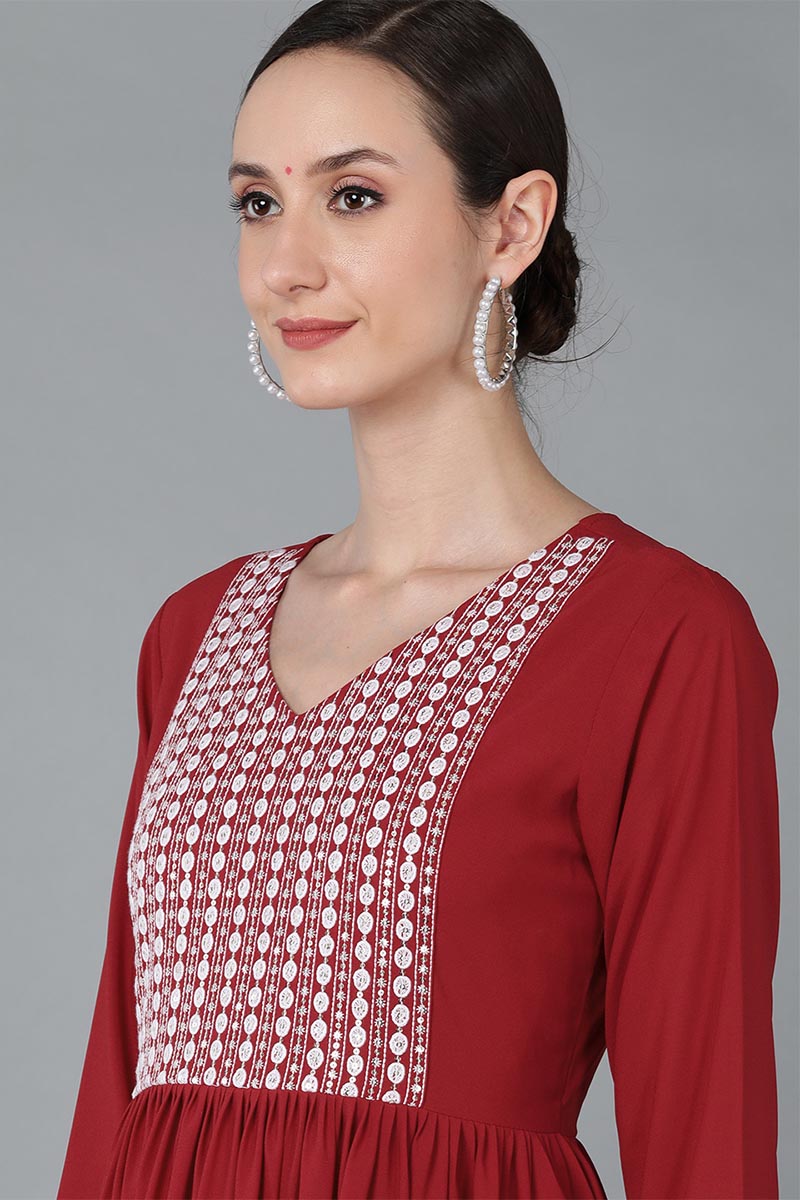 red poly georgette yoke design suit set 