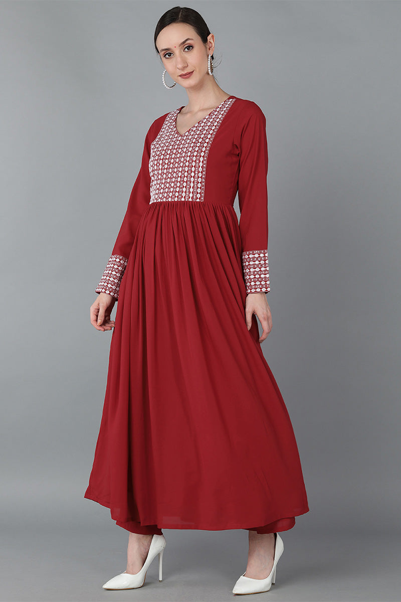 red poly georgette yoke design suit set 