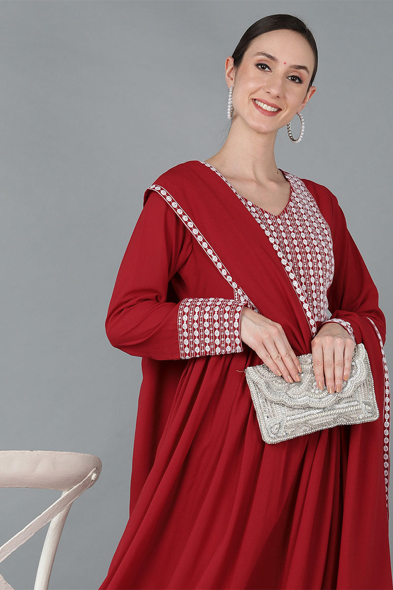 red poly georgette yoke design suit set 