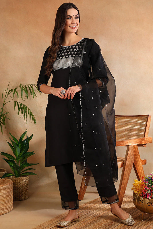 black poly silk straight suit set 