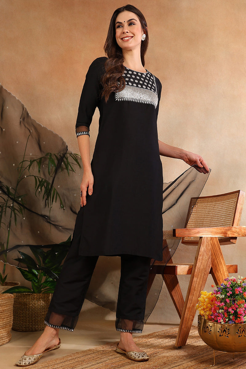 black poly silk straight suit set 
