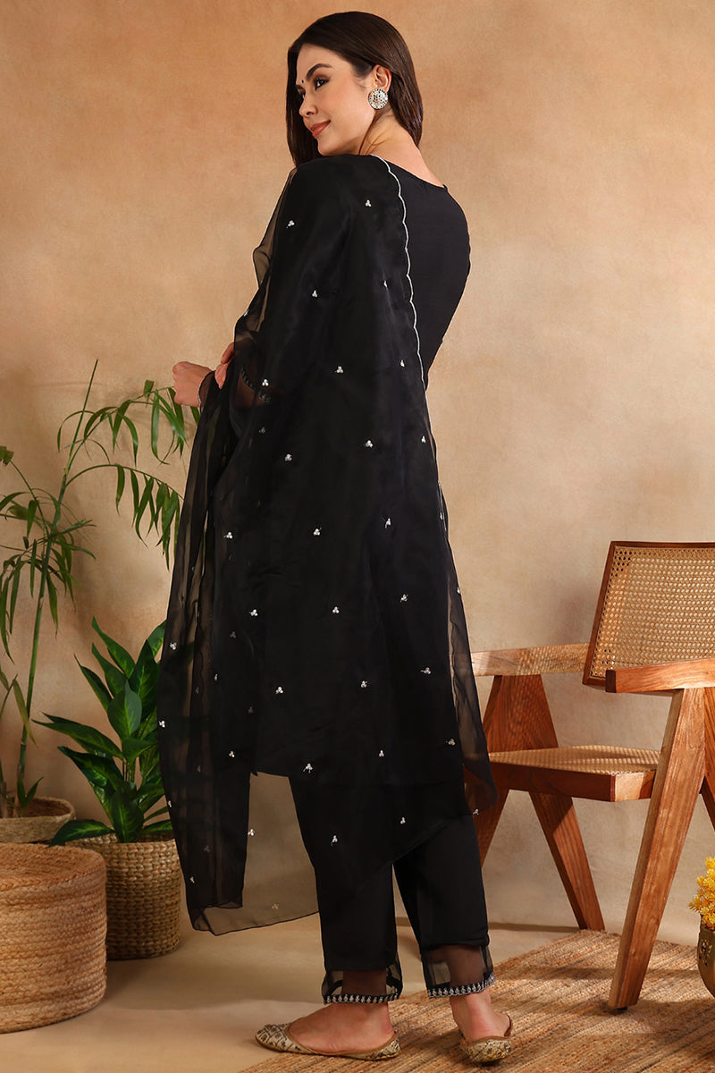 black poly silk straight suit set 