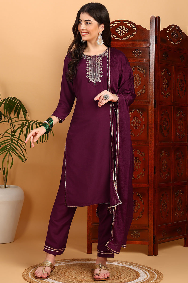 silk blend burgundy embroidered straight kurta pant with dupatta pkskd1771