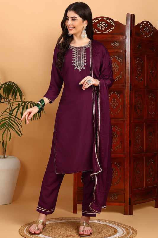 silk blend burgundy embroidered straight kurta pant with dupatta pkskd1771