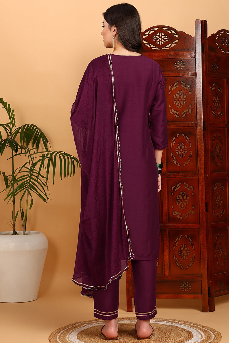 silk blend burgundy embroidered straight kurta pant with dupatta pkskd1771