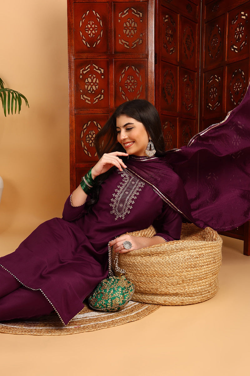 silk blend burgundy embroidered straight kurta pant with dupatta pkskd1771