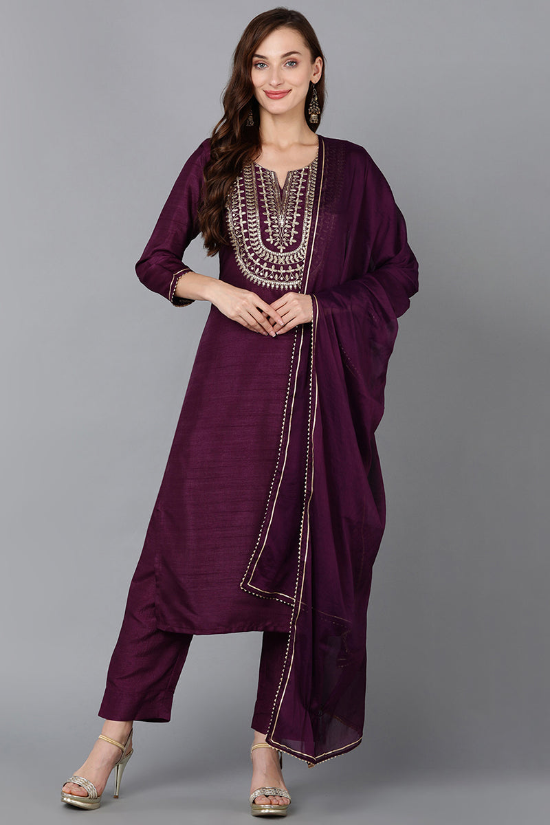 silk blend purple embroidered straight kurta pant with dupatta