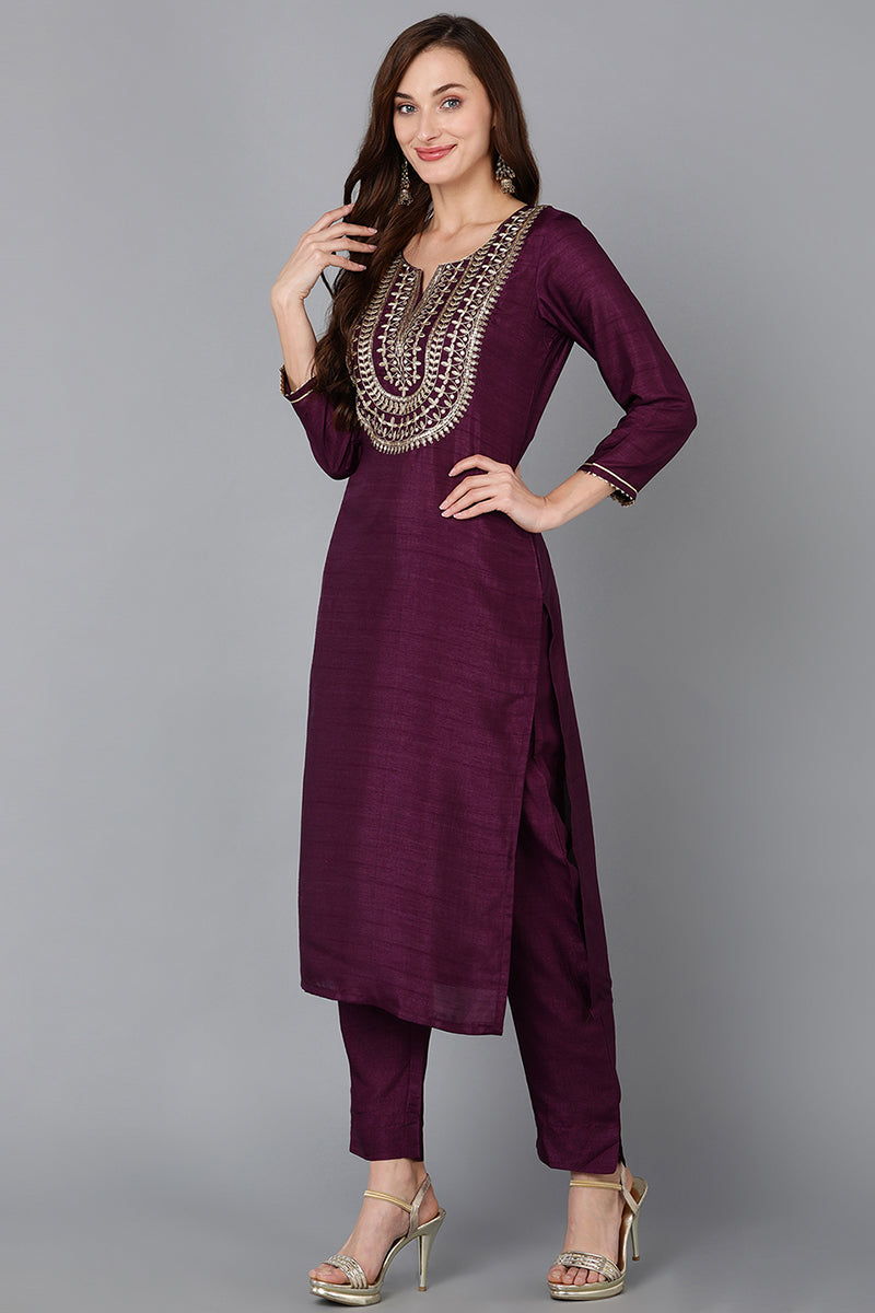 silk blend purple embroidered straight kurta pant with dupatta