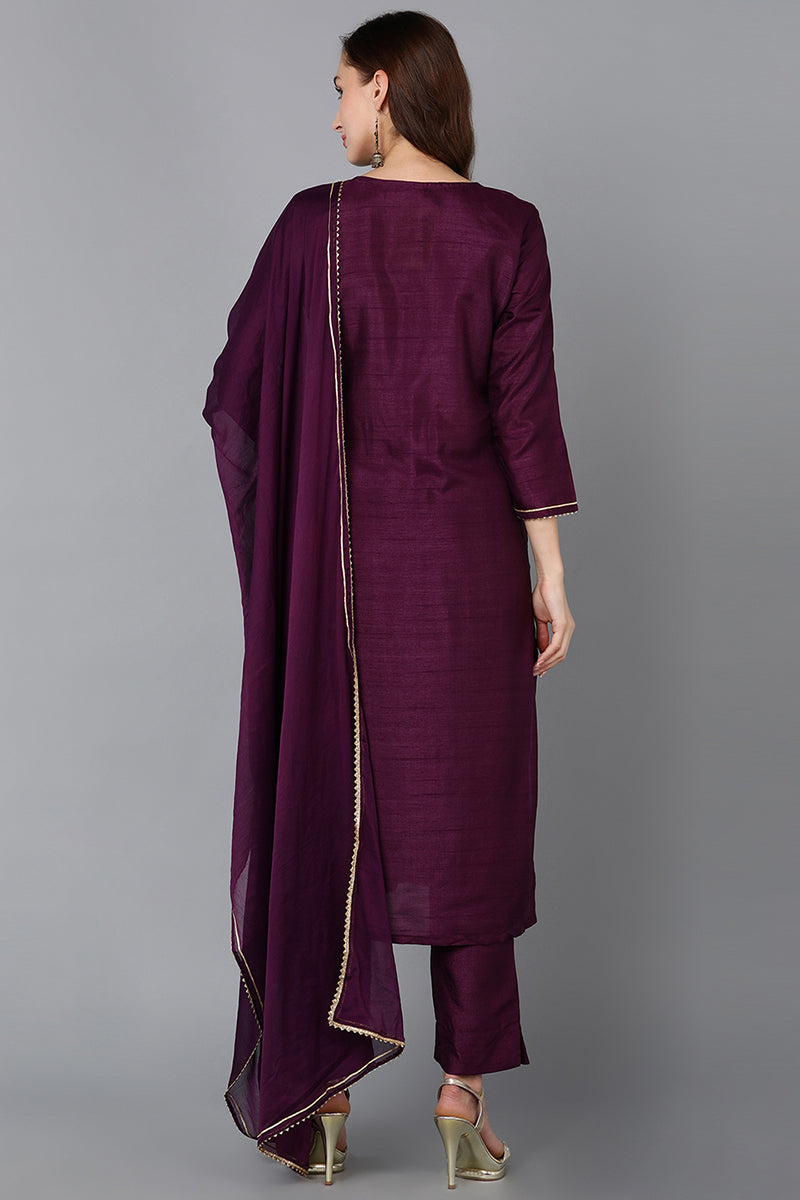 silk blend purple embroidered straight kurta pant with dupatta