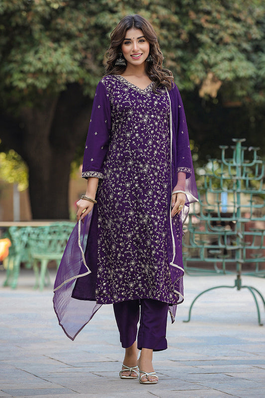 Purple Silk Blend Ethnic Motifs Straight Suit Set