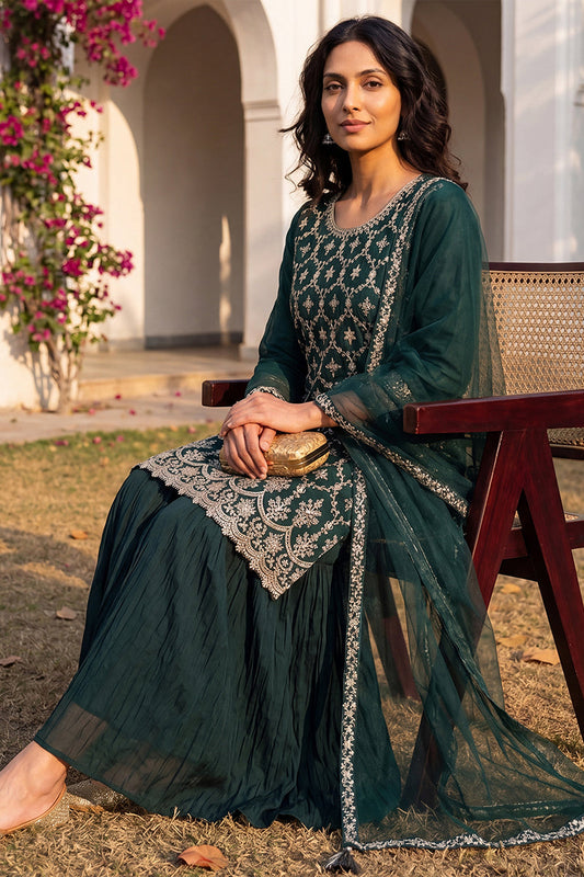 Green Silk Blend Embroidered Kurta Sharara With Dupatta