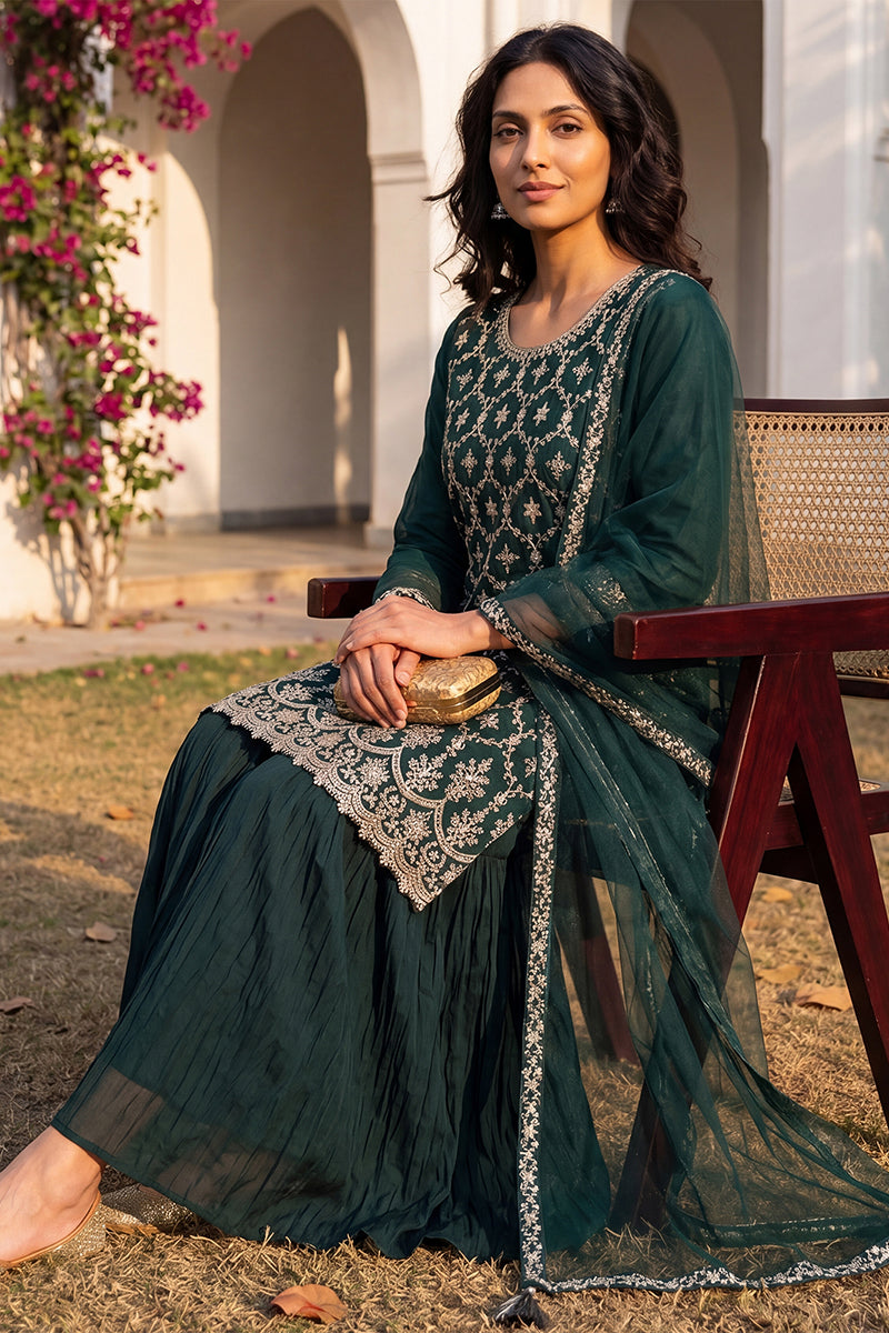 green silk blend embroidered kurta sharara with dupatta pkskd1865