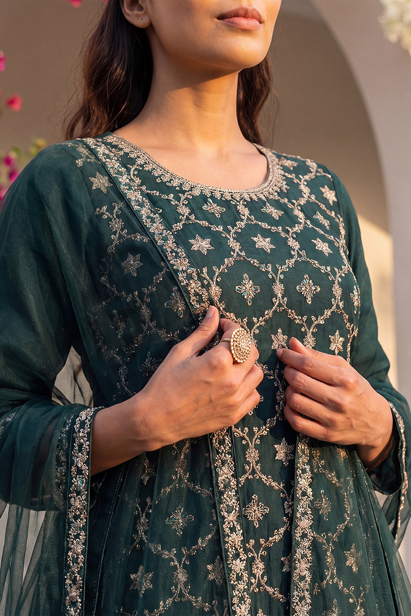 green silk blend embroidered kurta sharara with dupatta pkskd1865