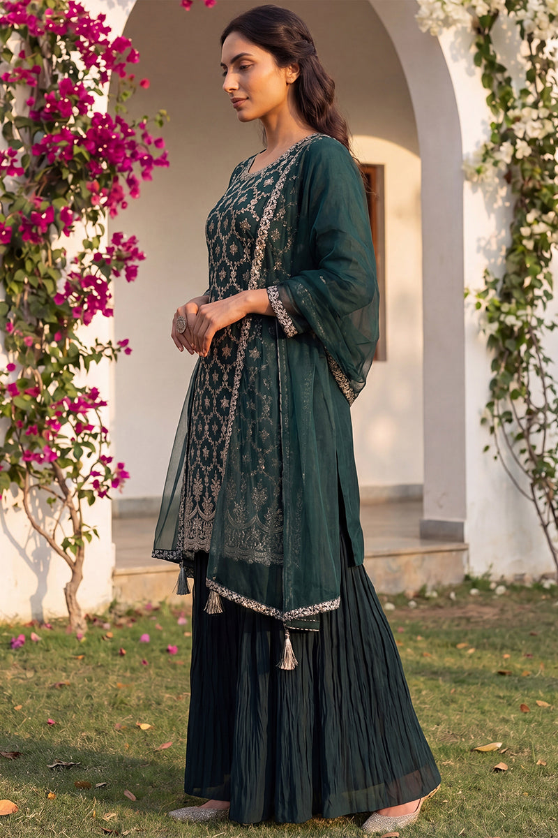 green silk blend embroidered kurta sharara with dupatta pkskd1865