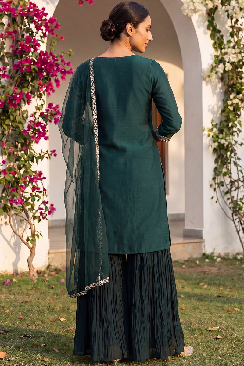 green silk blend embroidered kurta sharara with dupatta pkskd1865