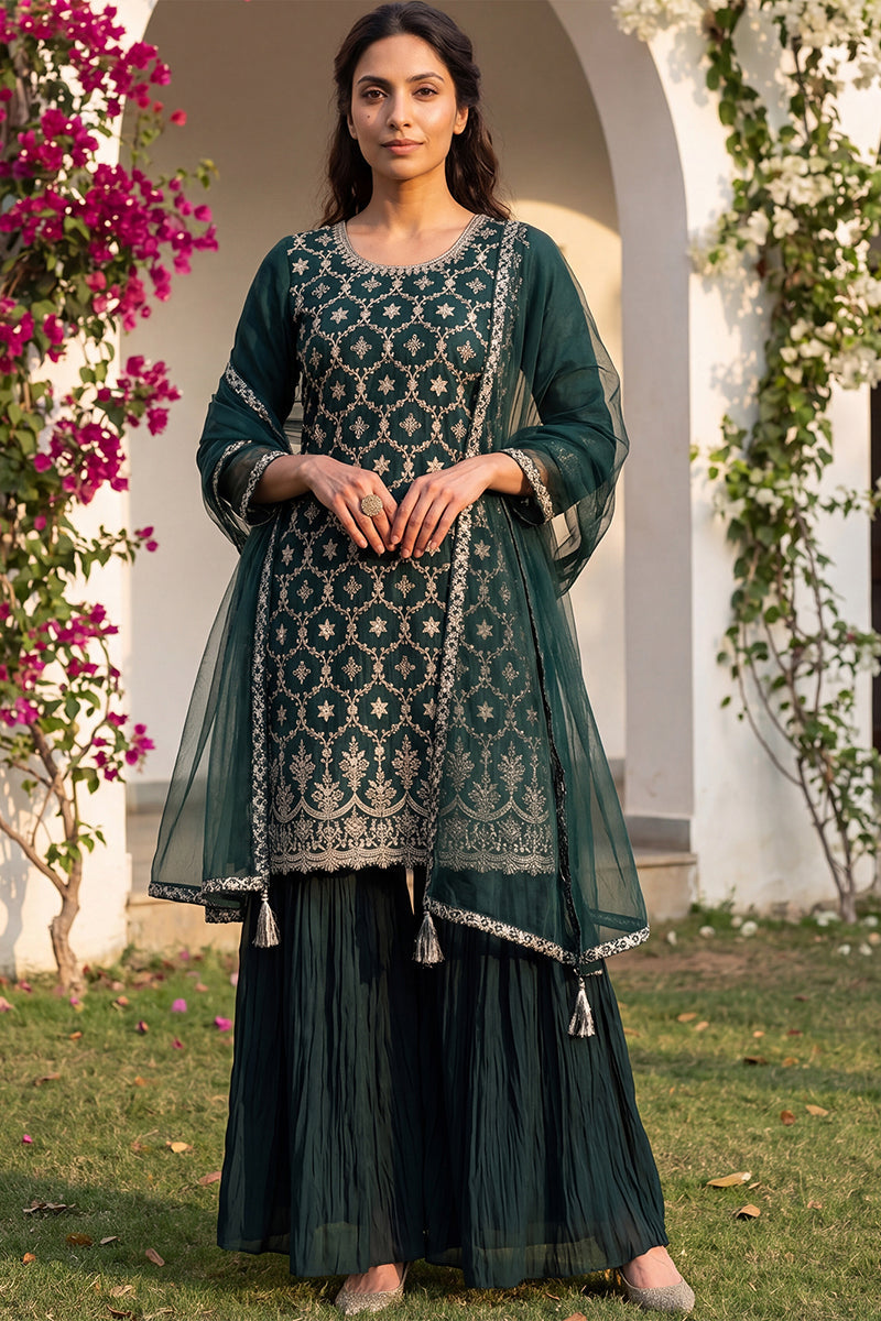 green silk blend embroidered kurta sharara with dupatta pkskd1865