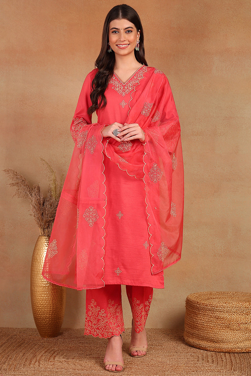 pink silk blend straight kurta palazzo with dupatta pkskd1872