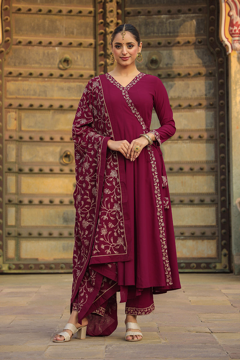 Fuschia Poly Georgette Angrakha Pant With Dupatta